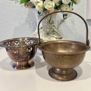 Small Antique Silver Bowl, Vintage Trinket Dish, Candy Dish for Desk, Basket with Handle