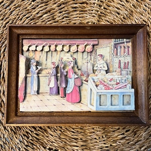 Vintage 3D Diorama Picture Frame Wall Hanging, Holly Hobbie Paper Shadow Box, General Store Print Wood Frame