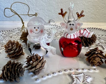 Vintage Christmas Ornaments, Snowman Bell Ornament, Reindeer Bell Ornament