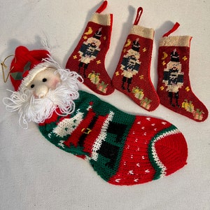 Knit Santa Stocking Christmas Tree Ornament, Mini Needlepoint Stocking