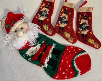Vintage Knit Santa Stocking, Christmas Tree Ornament, Mini Needlepoint Christmas Stocking, Santa Stocking