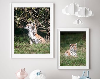 Tiger cub nursery room wall decor instant printable wildlife art, Tiger cub print set of two, Safari baby animal decor, Wildlife digital art