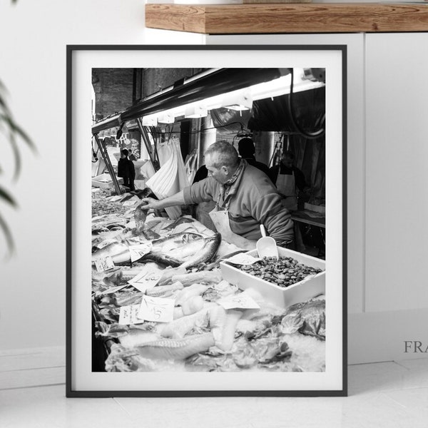 Printable Food photography black and white instant download, Restaurant wall art prints, Fish market Venice, Kitchen wall fish decor