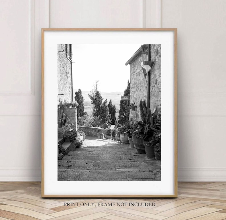 Italy black and white print, Street in Pienza Tuscany wall art photo 30 x 40, Rustic photography, Italian village decor, Travel Photo Airbnb image 1