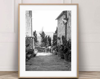 12 x 16 Italy print black and white, Florence photography, Pienza photo, Tuscany Rustic Italian village photo, Europe travel decor, Cafe art