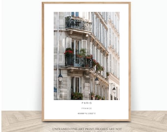 Paris travel print poster A3, France photography black and white, French architecture with coordinates, Airbnb Europe city wall art 8 x 12