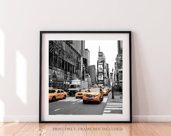 Times Square Print, NYC Yellow Taxi, Black and White Photography, Yellow Colour Pop City Print Wall Art