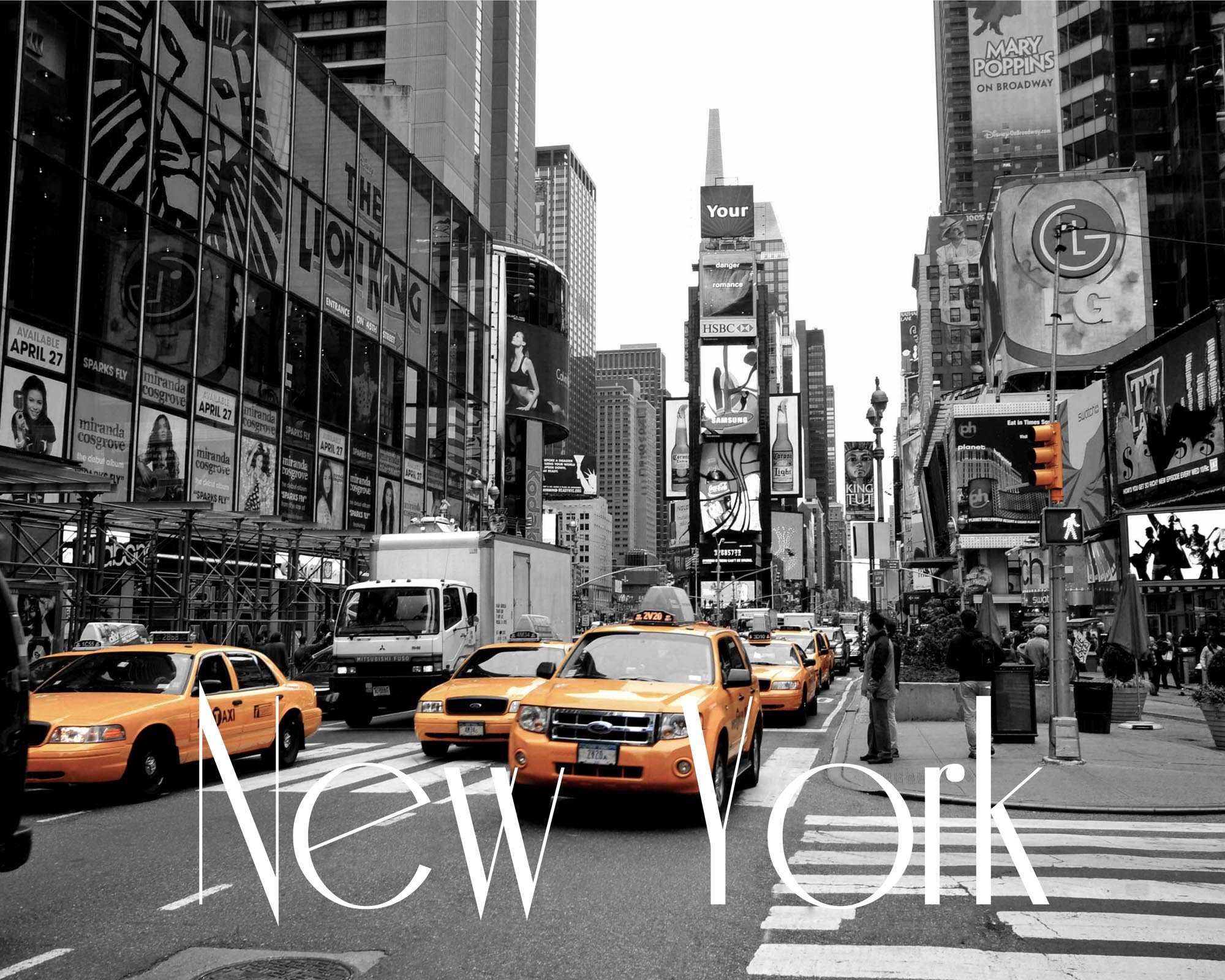 Times Square Black & White Print, Yellow Colour Pop Art, New