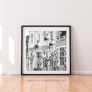 Impressions carrées en noir et blanc de Paris 5 x 5, photographie de lampe Paris 10 x 10, impressions Paris 8 x 8, décoration murale de galerie française, estampes d'art de la ville