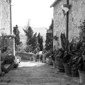 Italy black and white print, Street in Pienza Tuscany wall art photo 30 x 40, Rustic photography, Italian village decor, Travel Photo Airbnb image 2