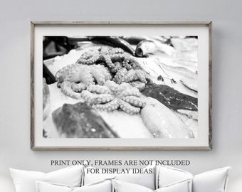 Kitchen food art print, Octopus seafood photo 14 x 11, Black and White Fish poster, Italian market, Food photography, Food lover chef gift