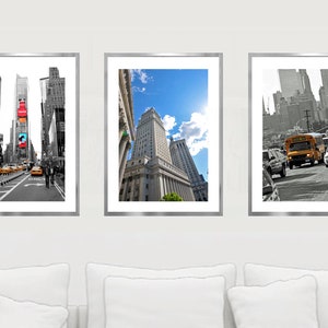 New York Print 3er-Set, Schwarzweiß Pop-Fotografie, NYC Architektur, Schulbus, Times Square, Airbnb