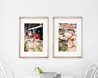 Original Kitchen food art prints, Set 2 of print set, Fish market Venice Italy Photography, Dining room decor, Travel photo gift A3