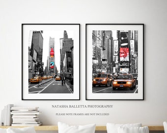 New York photography print set of 2 black and white, Times Square Poster A3, Cityscape NYC wall decor colour pop, Housewarming travel gift,