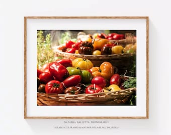 Impression de tomates colorées, photographie culinaire de cuisine, art mural de salle à manger