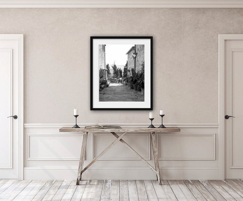 Italy black and white print, Street in Pienza Tuscany wall art photo 30 x 40, Rustic photography, Italian village decor, Travel Photo Airbnb image 6