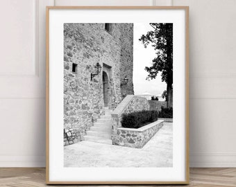 Tuscany village photography print, Rustic Italy photo black and white, Montalcino pictures, Italian Restaurant decor, Airbnb wall art 8 x 12