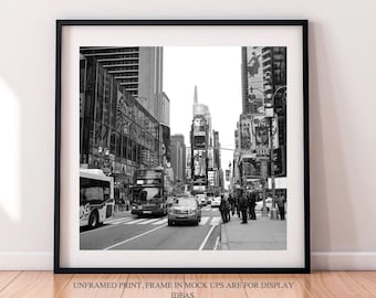Kvadratiskt New York-resetavtryck, svartvitt fotografi på Times Square, väggkonst för vardagsrum