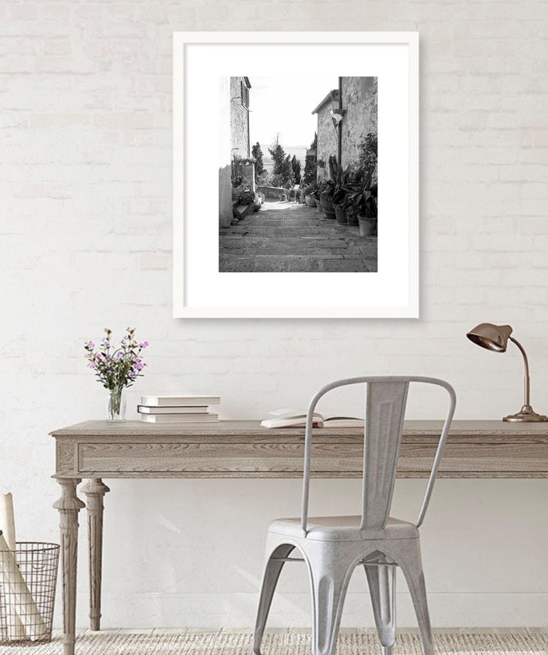 Italy black and white print, Street in Pienza Tuscany wall art photo 30 x 40, Rustic photography, Italian village decor, Travel Photo Airbnb image 6