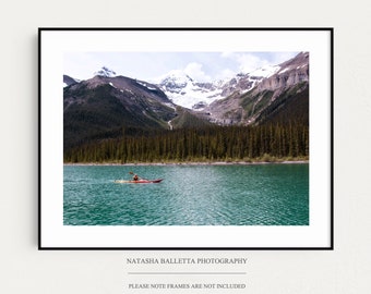 Canoe print, Canada Maligne Lake, Mountain Photography Wall Art, Jasper National Park, Teal Blue, Nature Landscape Print, Candian Rockies A3