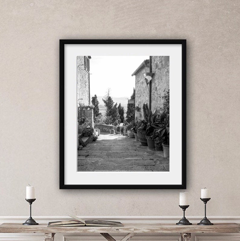 Italy black and white print, Street in Pienza Tuscany wall art photo 30 x 40, Rustic photography, Italian village decor, Travel Photo Airbnb image 5