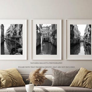Venice canal set of 3 fine art prints, Italy travel wall art set, Black and White photography, Living room gallery wall decor, European city