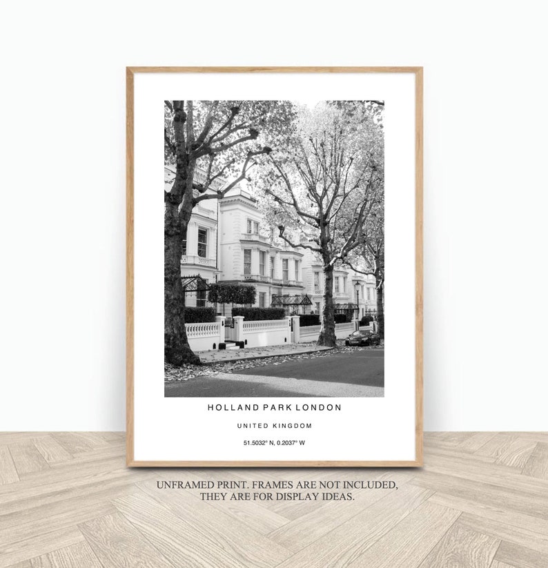 Holland Park London print with coordinates, Living room black and white photography A4, UK city urban prints 11 x 14, New home photo gift image 1