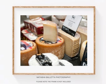 Cheese market photography print London, Kitchen wall art print A3, Borough Market food stall, Dining room decor black and white, Foodie gift