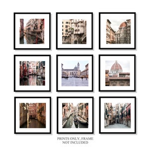 Italy Set of 9 Square Prints 5 x 5, Gallery Wall Art 8 x 8 of Venice Florence and Le Marche, Black and White Travel Photography Guest room
