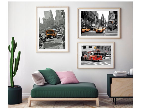 New York Photography Prints Set Of Three Wall Decor, Times Square Gallery Black and White print, Yellow taxi cab, NYC Colour Pop Kids Decor