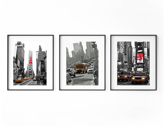 New York Photography Prints Set Of 3 Nyc Times Square Wall Decor Black And White New York Wall Art Urban Manhattan Home Decor Colour Pop
