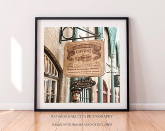 Covent Garden London print, Shop signs square photo print, Black and white Urban airbnb wall decor, Home decor pictures 8 x 8, Travel gift