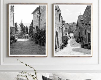 Italy print set of two 16 x 20, Tuscany photography black and white, Gallery wall Le Marche, Pienza village photo, Italy architecture