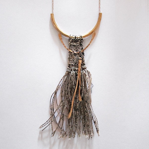 Woven Pendant - fiber jewelry - weaving art // CREAM AZTEC GODDESS necklace // tapestry weaving art - fringe necklace