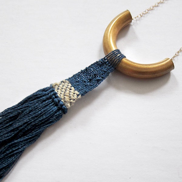 Woven Pendant - Indigo Fabric Necklace - textile jewelry // INDIGO COLORBLOCK NECKLACE // woven art