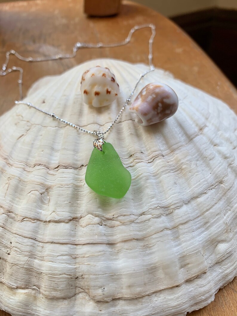 Lime green sea glass pendant with sterling silver bail and 18\u201d sterling silver chain sea glass necklace boho jewelry beach glass jewelry