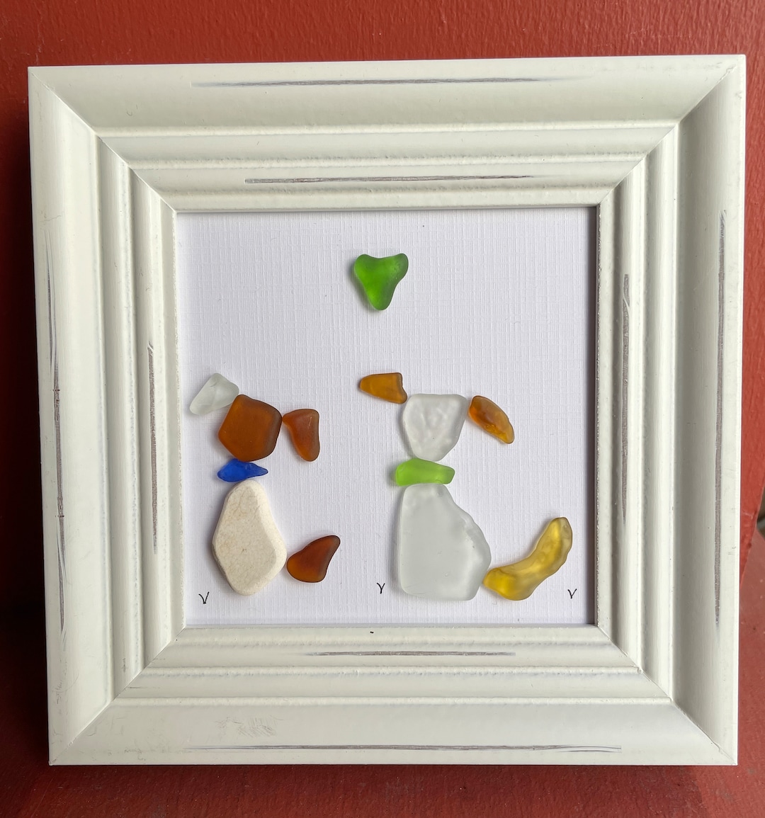 Sea Glass Art 16 Two Sea Glass Dogs, Green Sea Glass Heart, Distressed