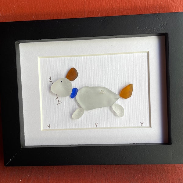 Sea glass art 4: sea glass running dog with stick in its mouth, black 2x3 frame, beach glass art, dog decor, upcycled decor