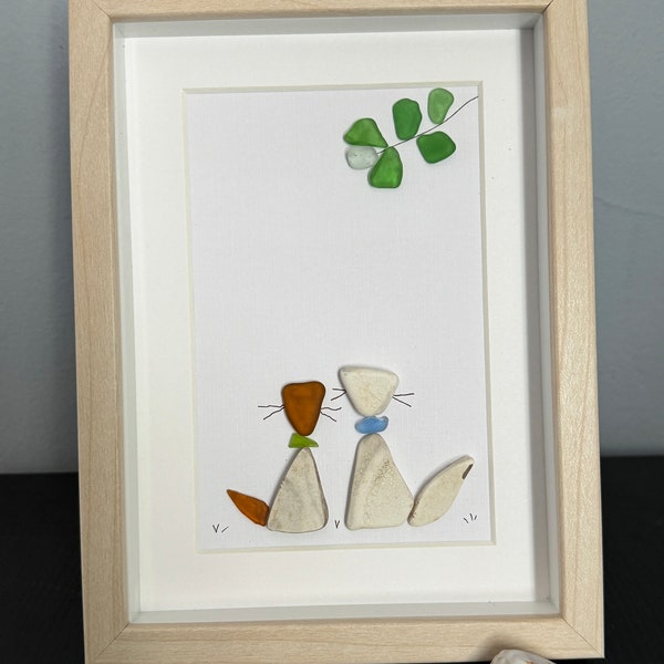 Sea glass art 46: two sea glass and sea pottery cats under sea glass branch and flower, birch 4x6 shadowbox frame, sea pottery art upcycled
