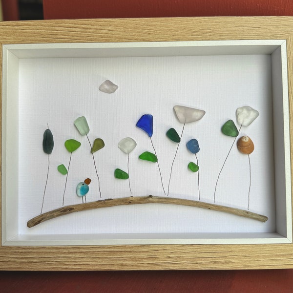 Sea glass art 43: eight different colored sea glass flowers, shell flower, clear and aqua Seaham sea glass multi bird, 4x6 deep set frame