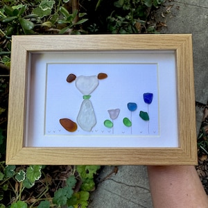 Sea glass art 26: sea glass dog with cobalt blue, cornflower blue, lavender sea glass flowers, walnut 3x4 shadowbox frame, beach glass art