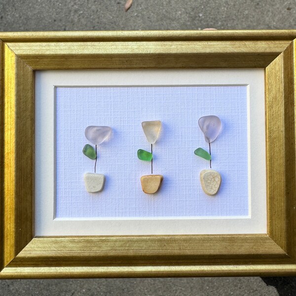 Sea glass art 32: three lavender and clear sea glass flowers in sea pottery pots/ vases, gold 2x3 frame, sea pottery art, upcycled decor