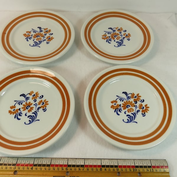 4 Scammell's Trenton China Orange Blue Penn Dutch Style Bread Butter Plates 6 1/4 in 1930’s Restaurant Ware