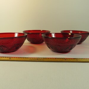 4 Ruby Red Arcoroc Luminarc Bowls  5 5/8 inch 2 1/4 Deep Diamond Cut Leaf Pattern