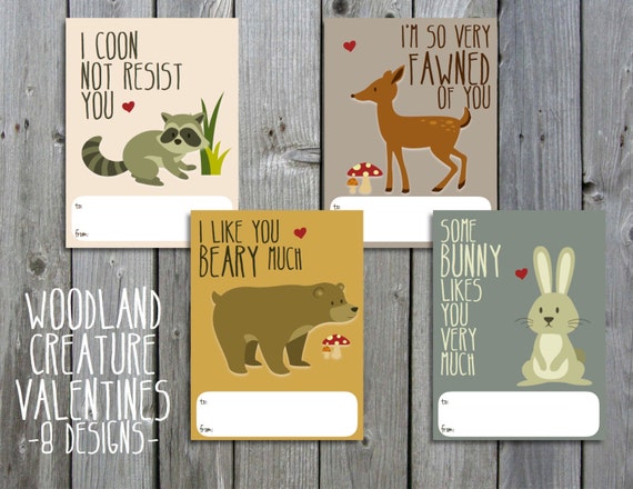 Printable Valentine's Cards  Woodland Creatures  Instant