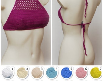 Boho Chic Crochet Festival Halter Crop Top - Handmade Retro Beachwear by Crochetops.