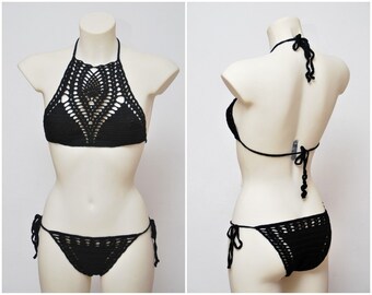 Unique Handmade Crochet Bikini - Free Shipping! Sexy Black Two-Piece Swimsuit by CrochTops Design