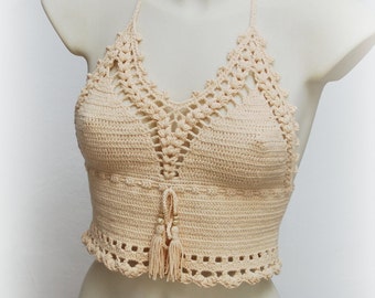 Boho Beige Crochet Top: Handmade Festival Halter Crop for Stylish, Unique Fashionistas.