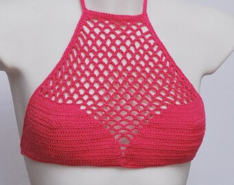 Boho Chic Purple Crochet Festival Halter Crop Top / Abbigliamento da spiaggia retrò fatto a mano