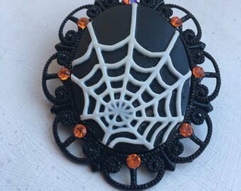 Gothic Brooch in Black and Orange with Spiderweb